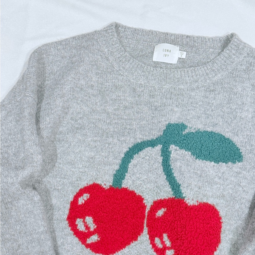 Chic Gray Sweater with Red Cherry Design - Picture 2 of 3